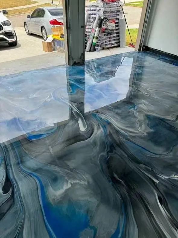 Blue and white marbled metallic epoxy floor