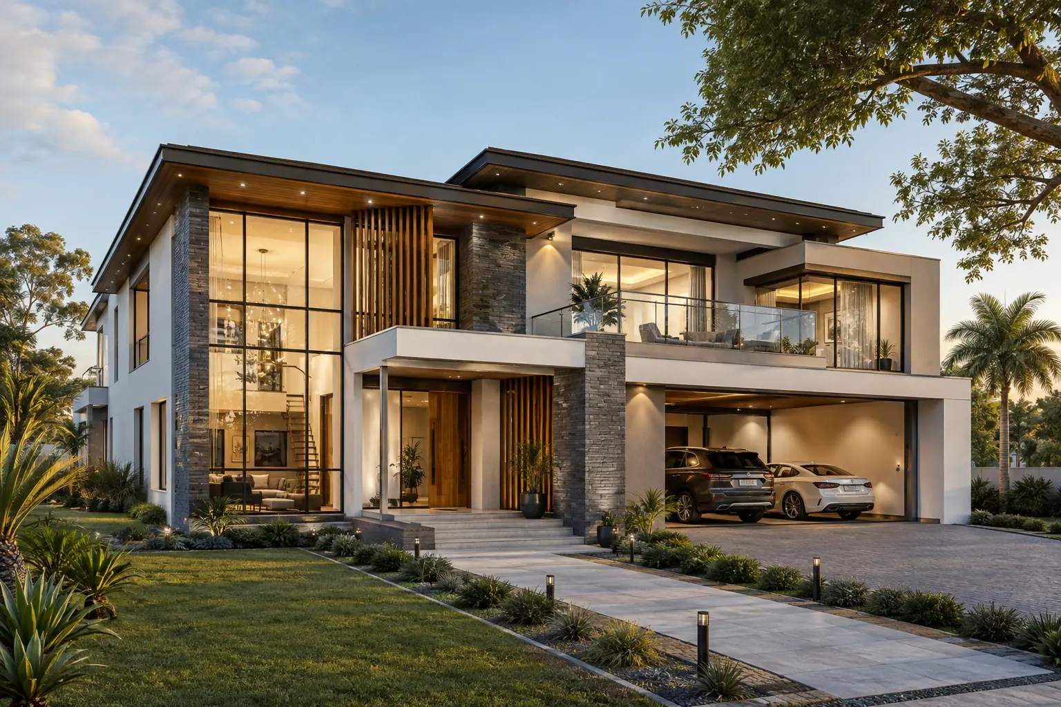 Modern two-storey residence in Zambia with stone and glass facade